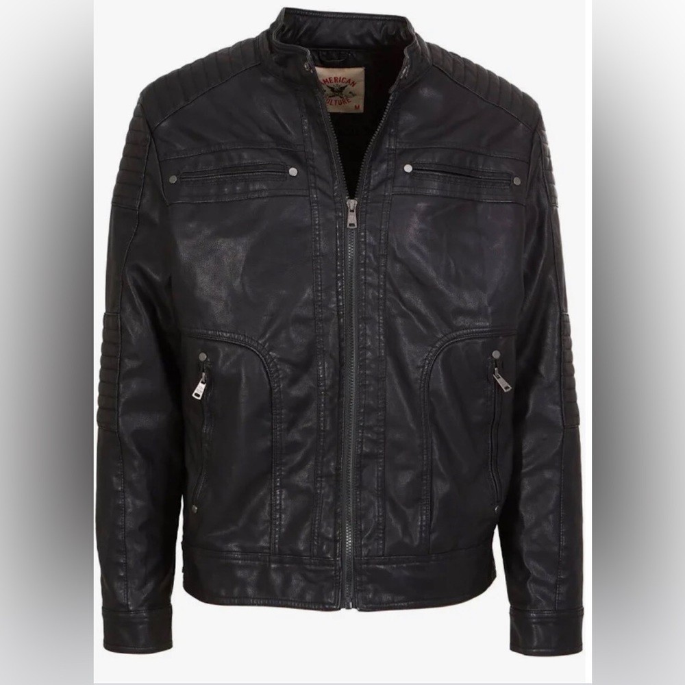 AMERICAN CULTURE Black Zip Front Faux Leather Jacket Long Sleeve size M